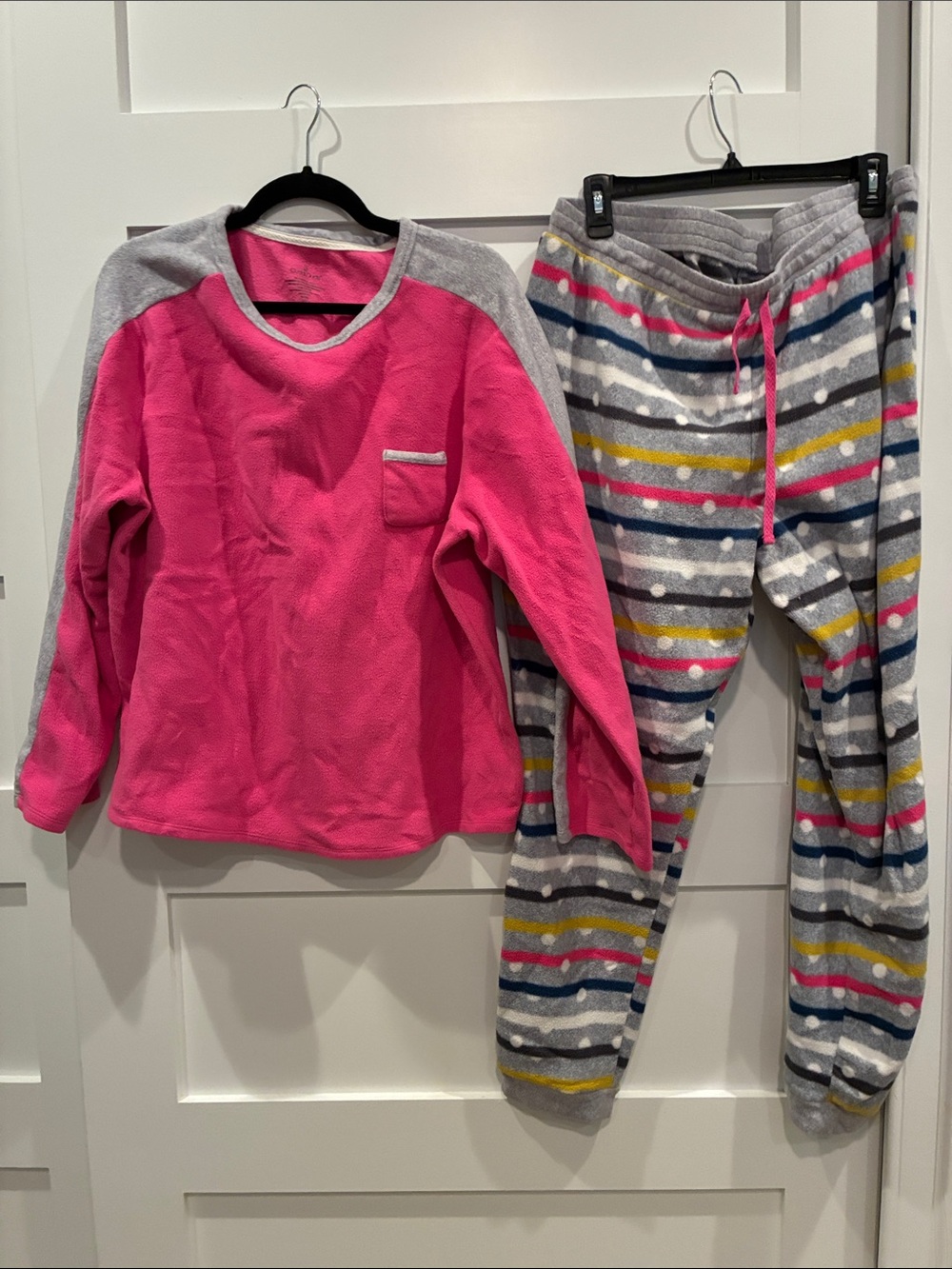 Cuddl Duds Hot Pink & Gray Fleece Pajama Set with Multi-Stripe Pants